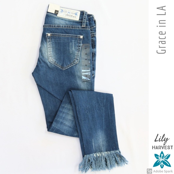 Grace in LA Denim - Boho Embroidered Skinny Jeans w/ Fringe Hem, 24